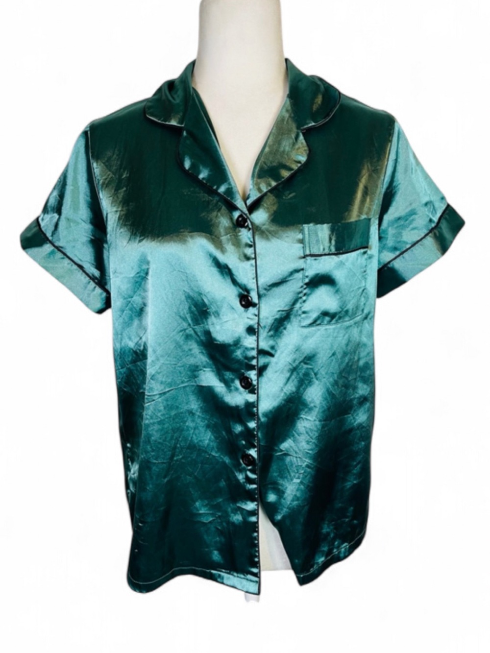 Women's Size Medium M Button Down Pajama Shirt Top Green Black Trim And Buttons